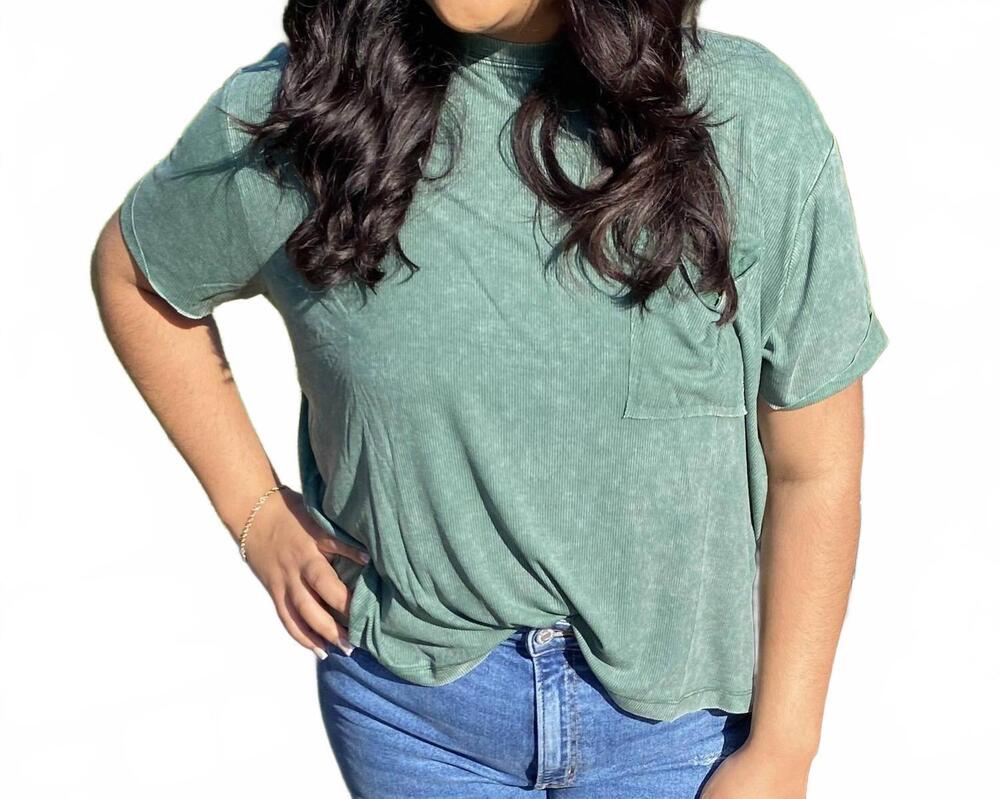 NEW ZENANA wash ribbed short sleeve top in ash jade acid